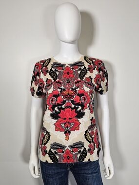 J. Crew Cream Short Sleeve Top with Red & Black Floral Motif Sz L